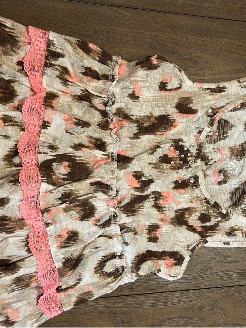 Justice Pink, Brown & Cream Printed Tank with Lace and Rhinestones